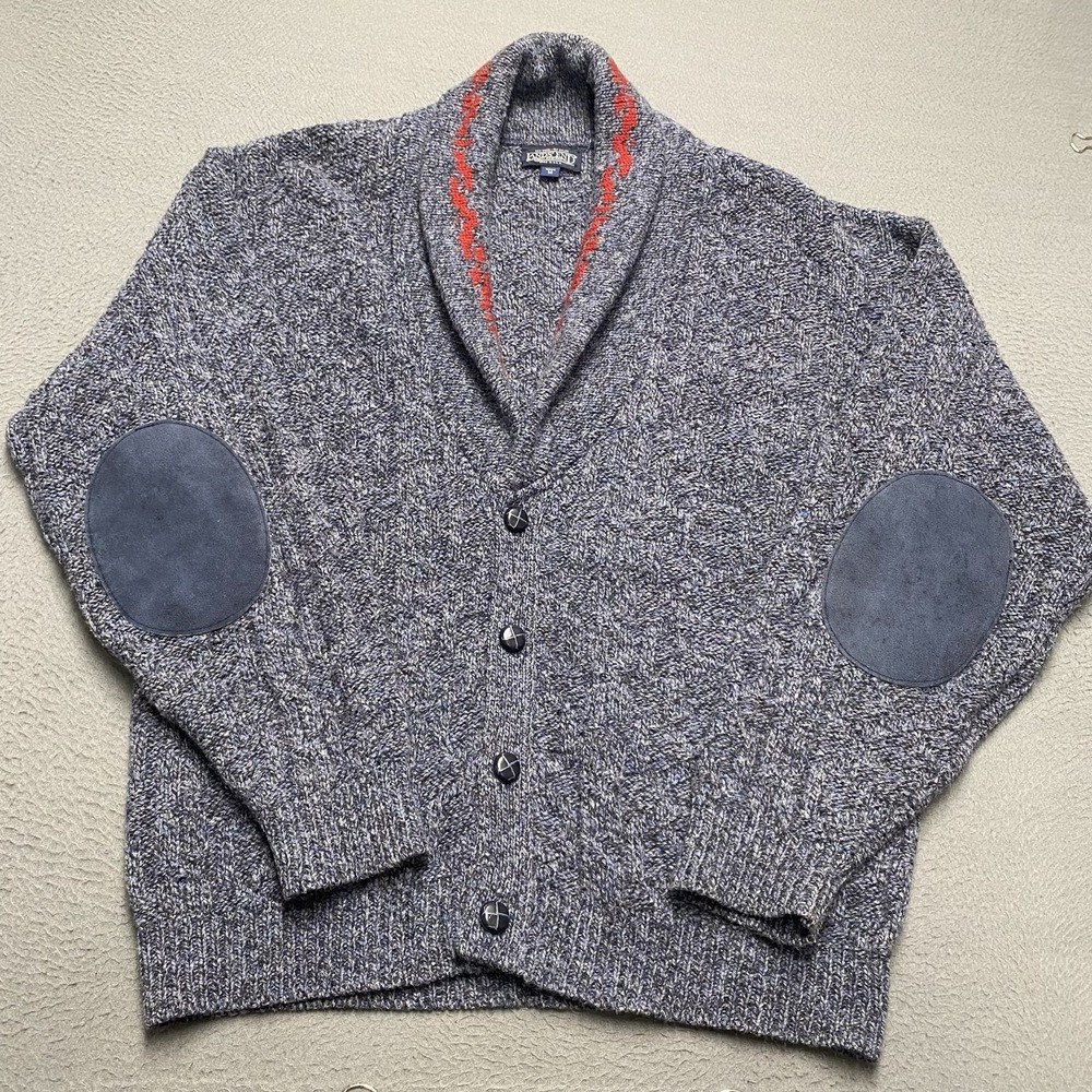 Vintage Lands' End Sweater Cardigan Mens Medium Gray Wool Elbow Patch Knit USA